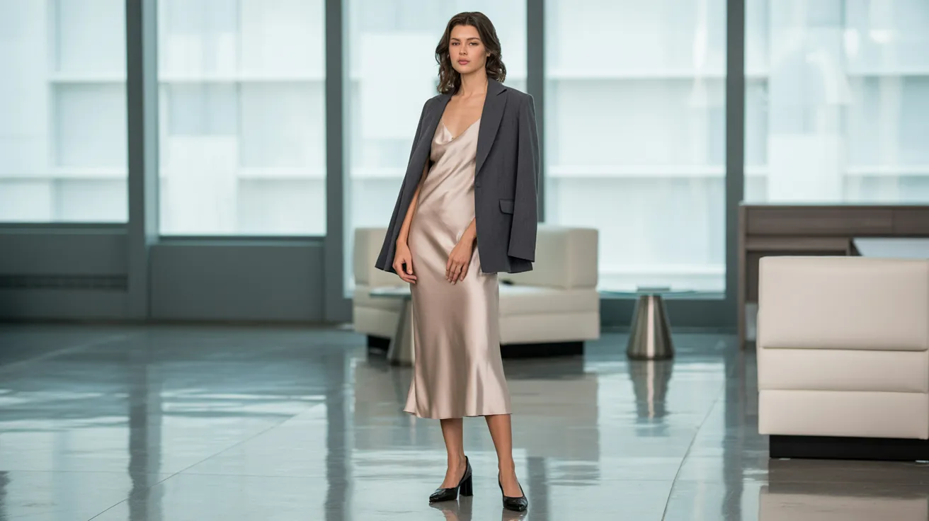 A woman in a dress and jacket stands alone in a spacious, empty room with neutral-colored walls.