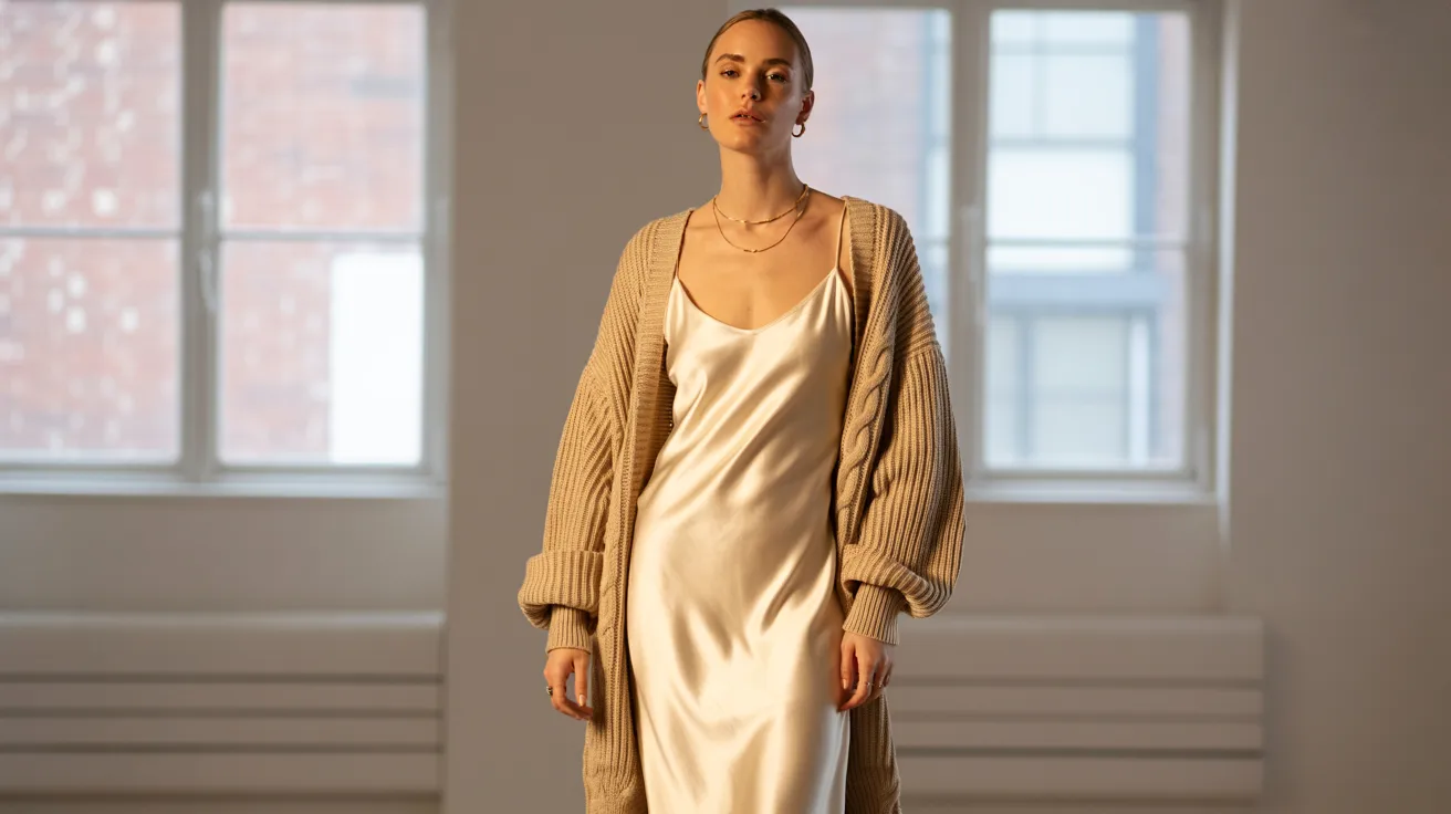 A woman wearing a white dress and a cream cardigan stands gracefully, showcasing a soft and elegant style.