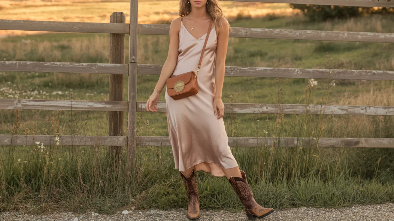 A woman in a pink slip dress and cowboy boots stands confidently in front of a wooden fence.
