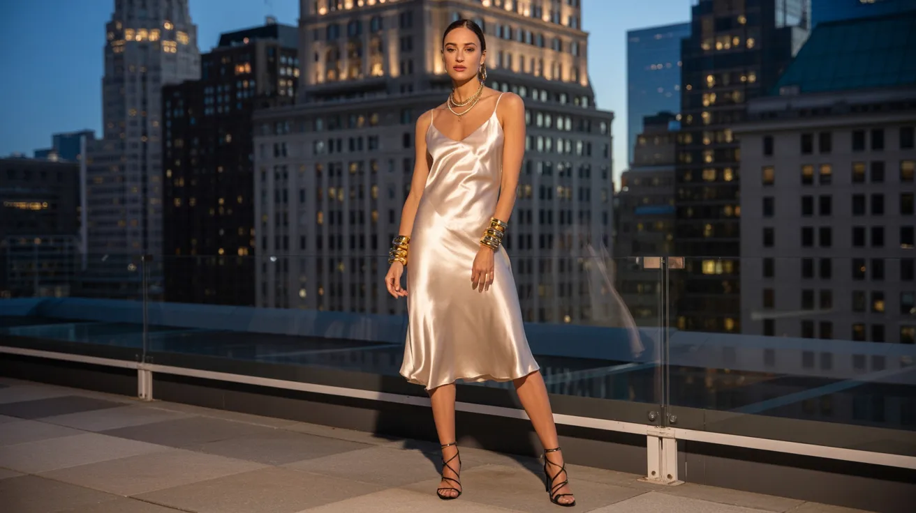 A woman in a shimmering gold dress stands confidently on a rooftop, overlooking the city skyline.
