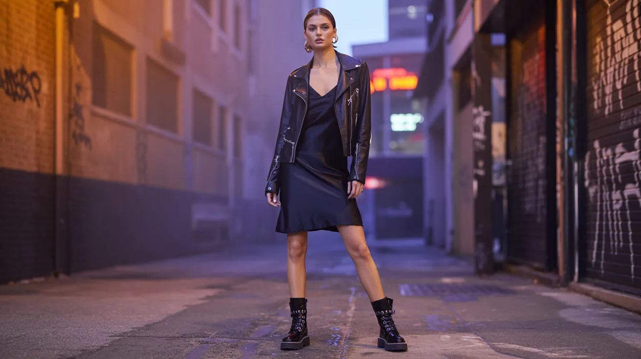A confident woman stands in a dimly lit urban alley, wearing a black dress and leather jacket. Her expression is strong and assertive, surrounded by graffiti.