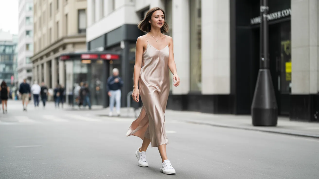 Woman confidently walking on city street wearing a flowing satin dress and white sneakers. Urban backdrop with a few pedestrians. Casual elegance mood.