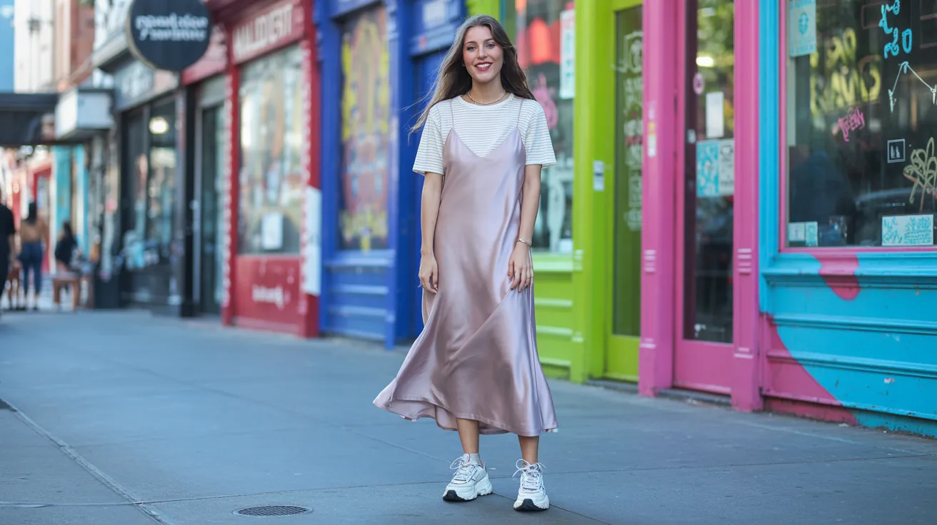 Woman in a silky pink dress and striped tee smiles on a colorful street. Bright murals and shopfronts create a lively, vibrant atmosphere.