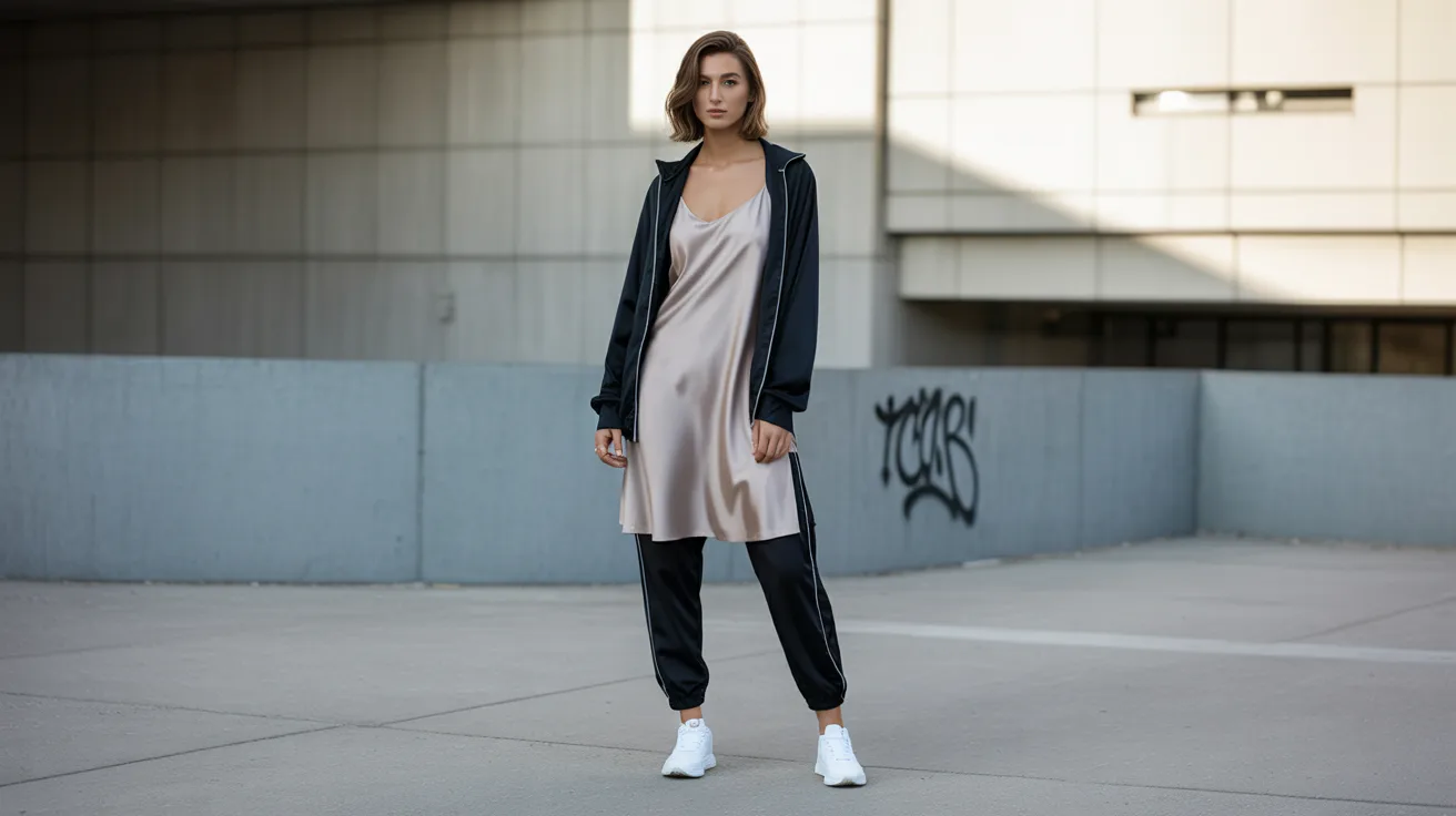 A woman wearing a dress and jacket stands confidently on a sidewalk, surrounded by urban scenery.