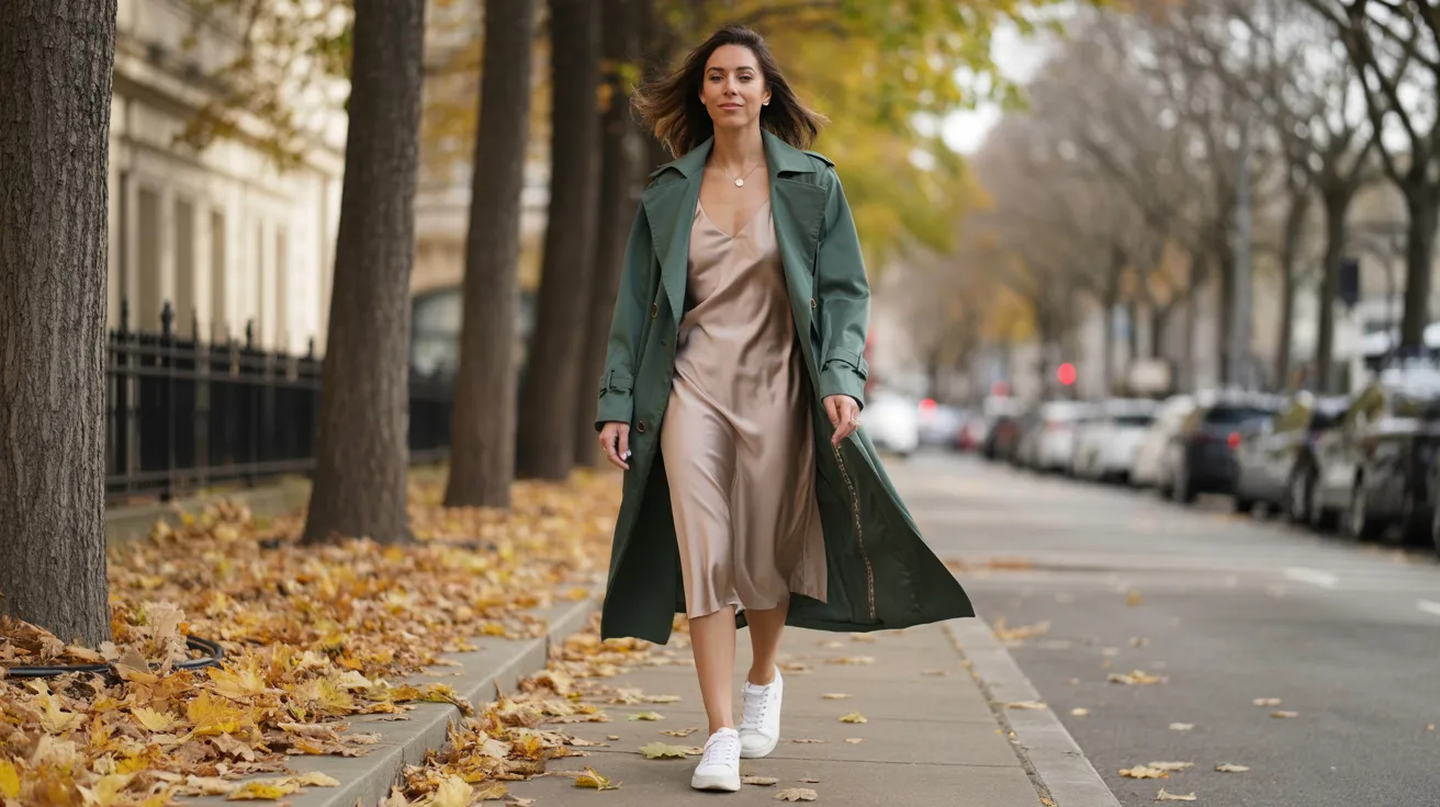A woman in a green coat and white sneakers walks along the street, surrounded by urban scenery.