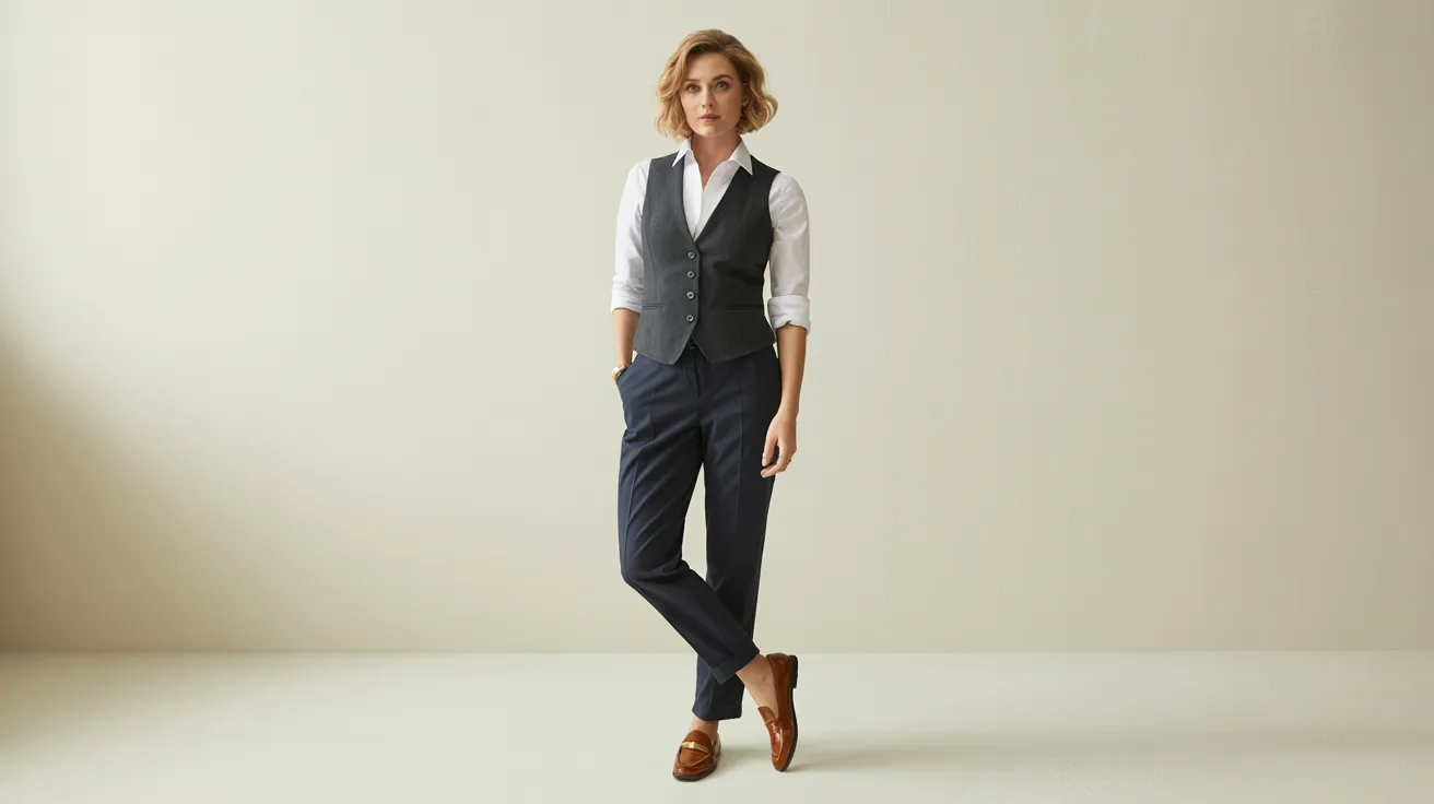 A woman wearing a white shirt and black pants stands confidently, showcasing a professional appearance.