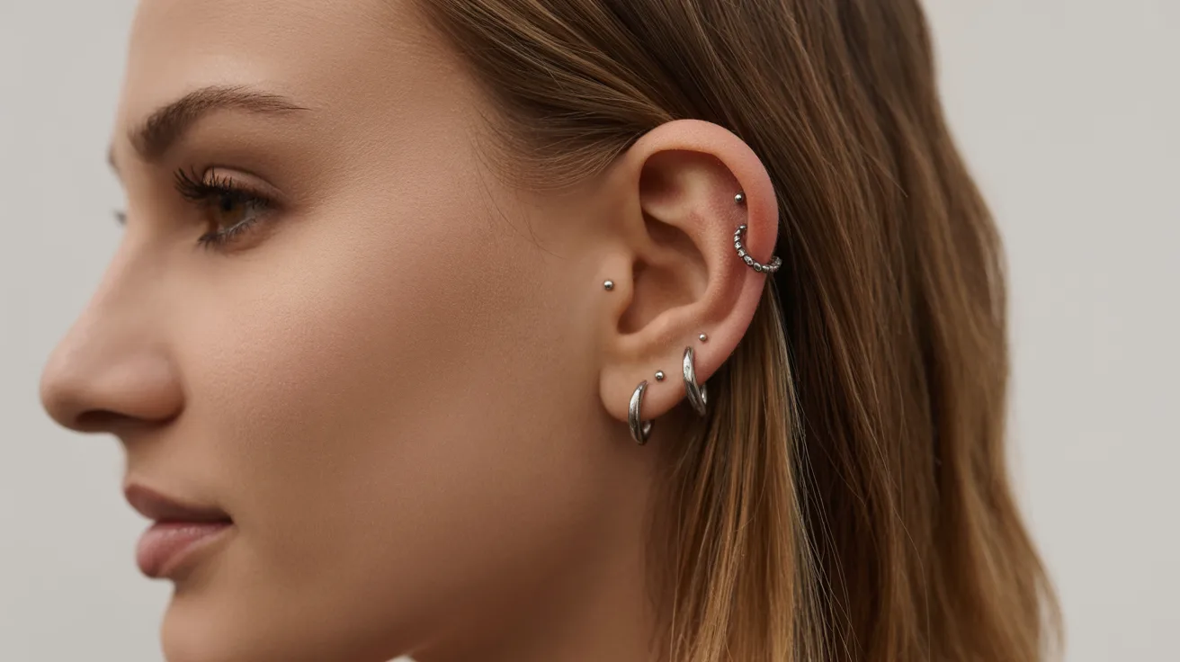 A woman with multiple ear piercings, prominently featuring a large silver hoop earring.