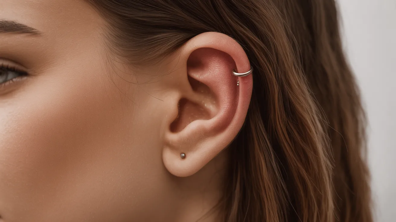 A woman showcasing a silver ear piercing, highlighting her style and elegance.