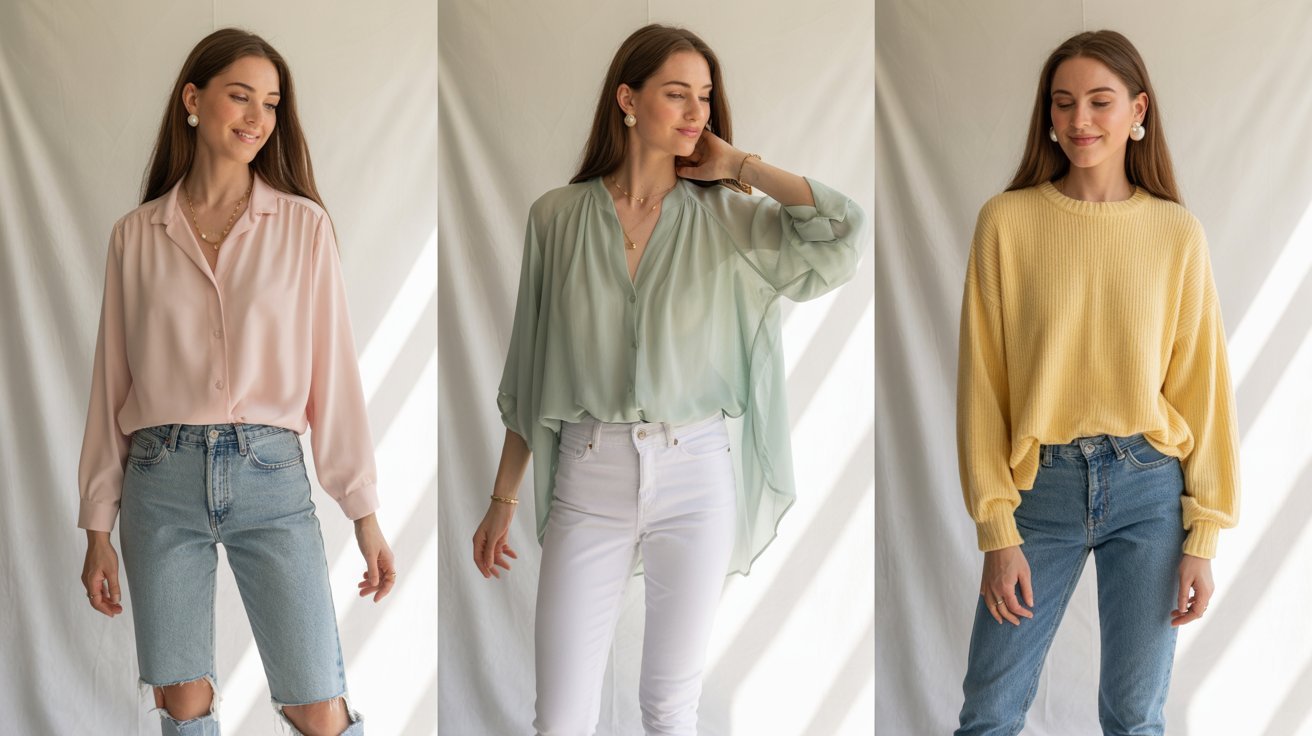 Four blouses displayed in various colors and styles, showcasing different designs and fabric textures.