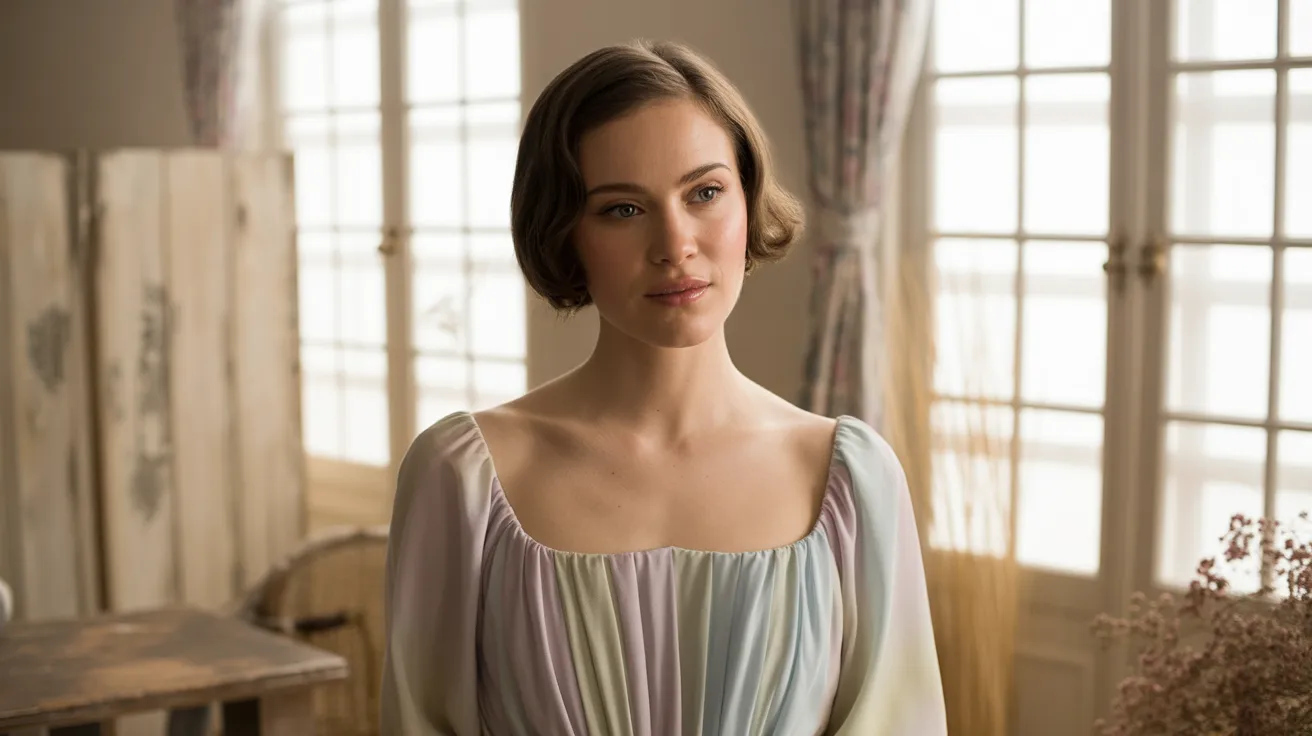A woman in a dress stands gracefully in a well-lit room, surrounded by elegant decor.