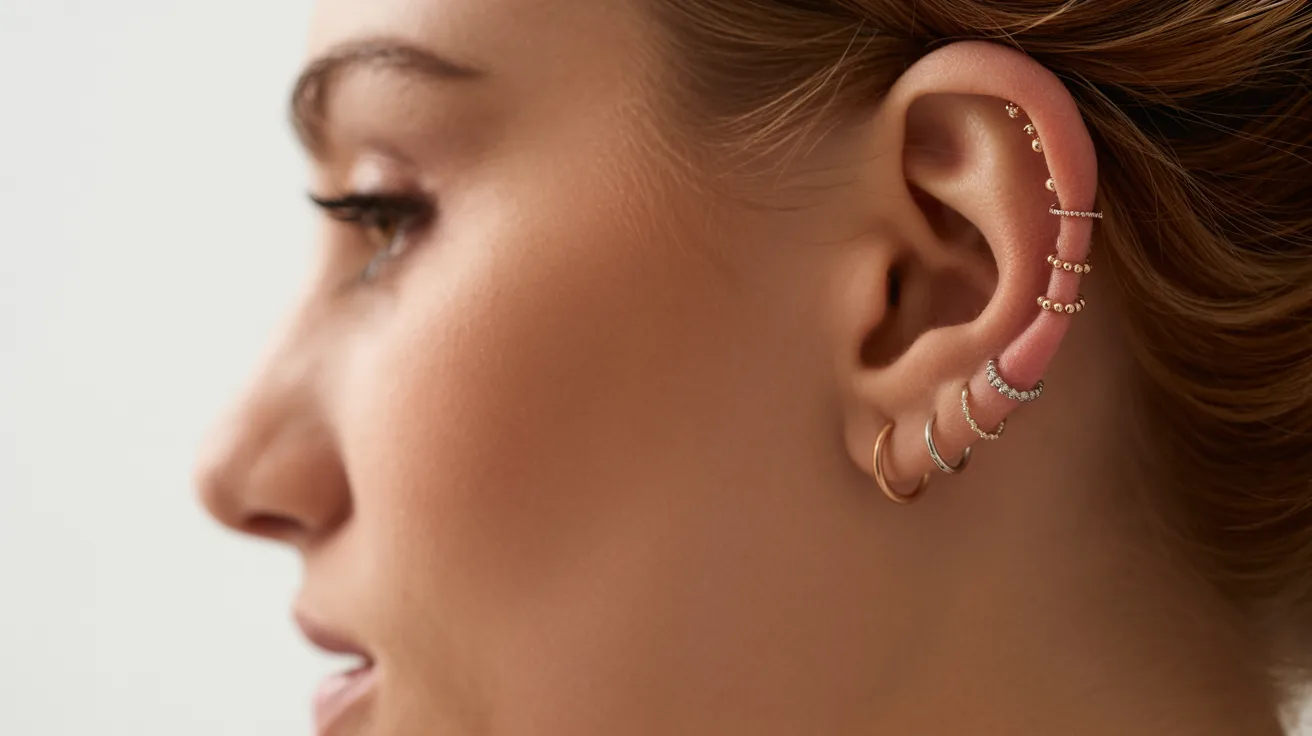 A woman with multiple ear piercings wearing a stylish pair of earrings, showcasing her unique sense of fashion.