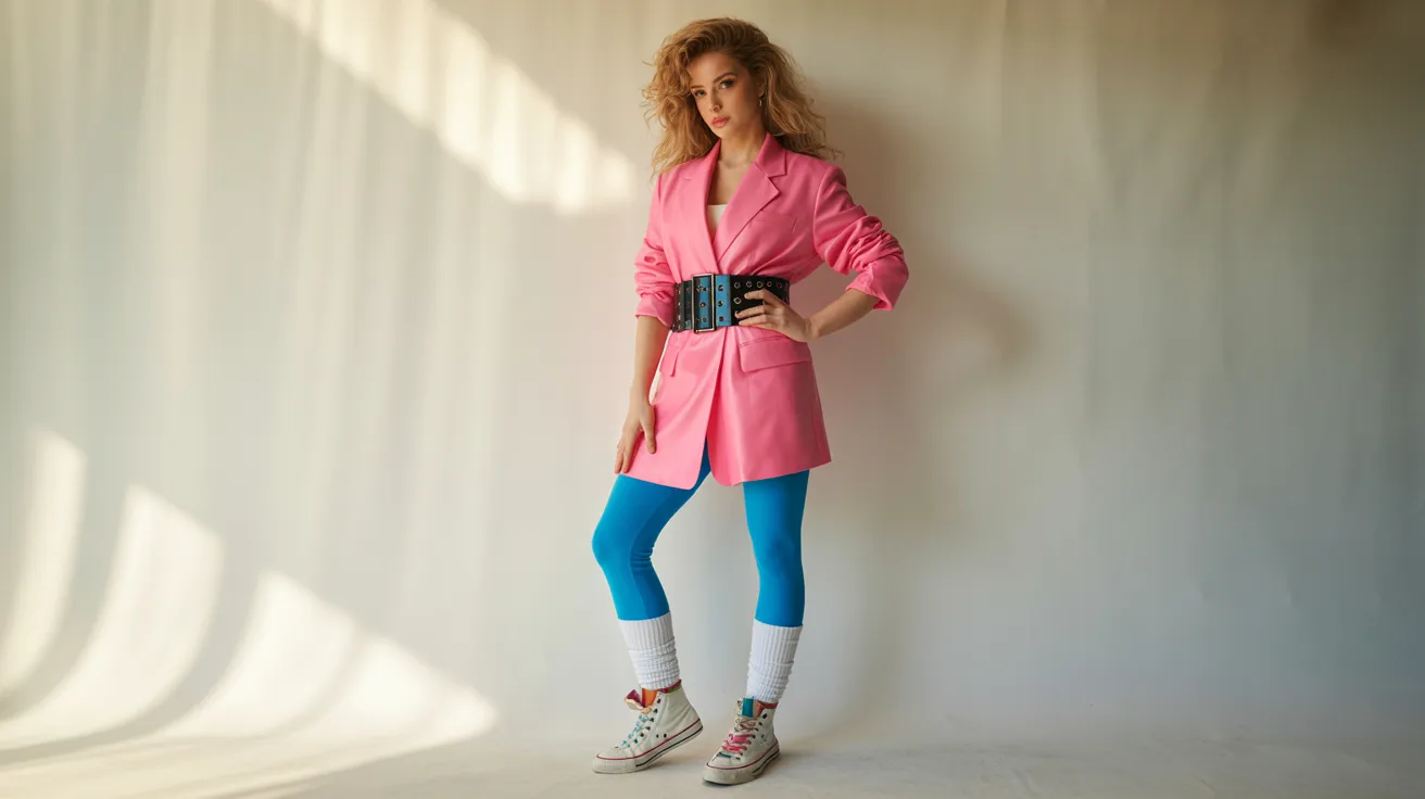. A woman wearing a pink jacket and blue leggings stands confidently, showcasing a casual yet stylish outfit.