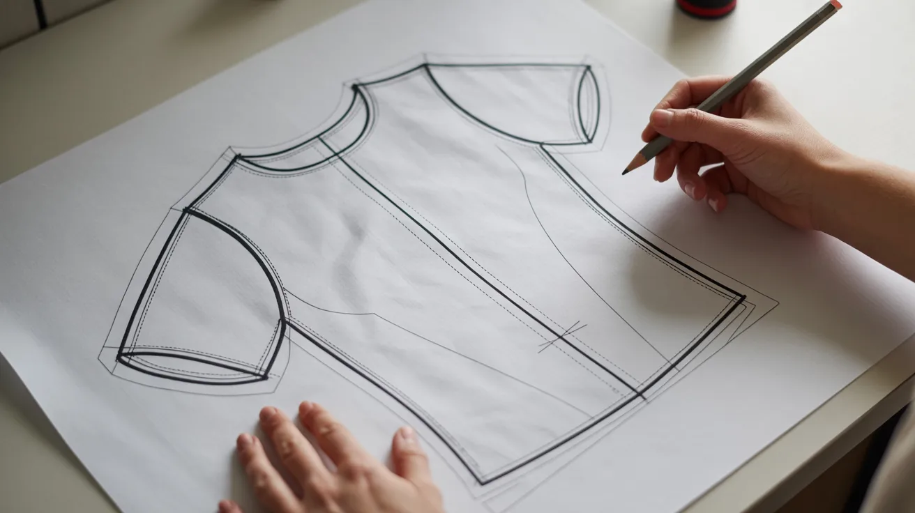 A person sketches a shirt design on a sheet of paper with a pencil.