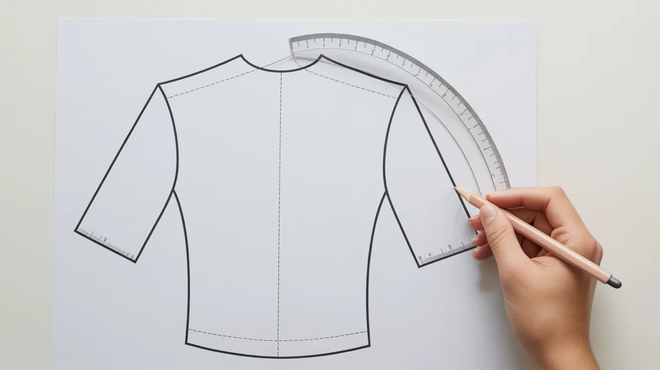 A person using a ruler to draw a shirt design on paper, focusing on precise lines and measurements.