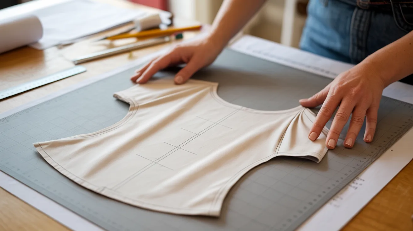 A woman is cutting fabric for a shirt on a table, surrounded by sewing tools and materials.