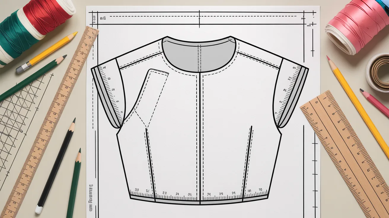 A sewing pattern displayed with scissors, colorful thread, and a measuring tape on a wooden surface.