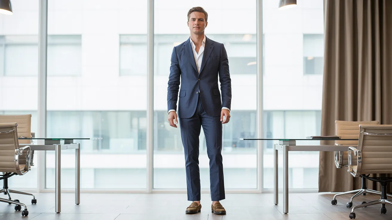  A man in a suit stands confidently in a modern office setting, surrounded by furniture and large windows.