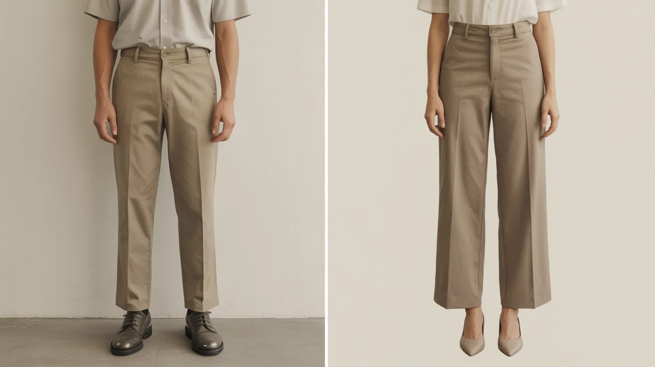 wo images of a man wearing beige pants, showcasing different angles and styles of the outfit.