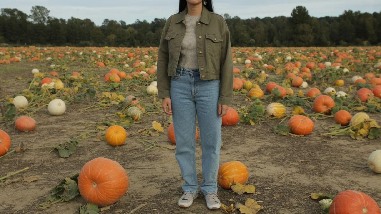 A woman stands in a vibrant pumpkin field, surrounded by various sizes and shapes of pumpkins under a clear blue sky.