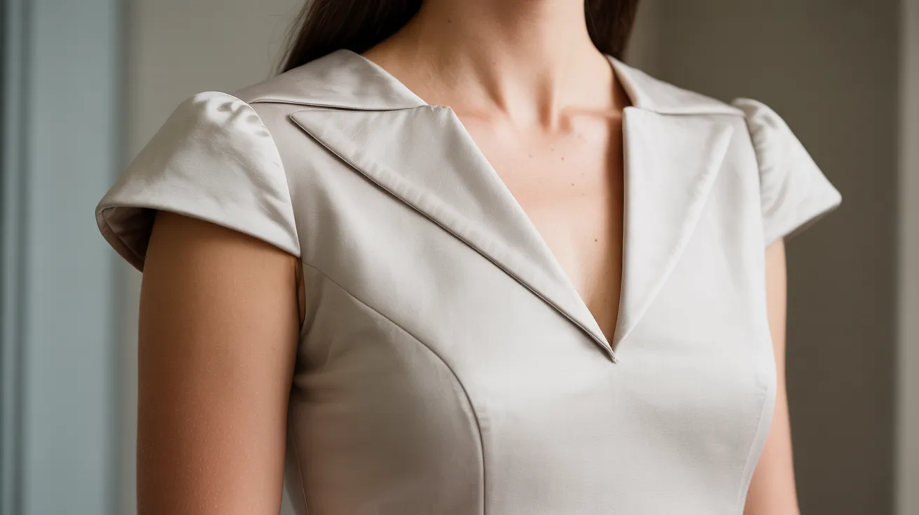 A woman in a white dress with a collar stands elegantly, showcasing a classic and timeless fashion style.