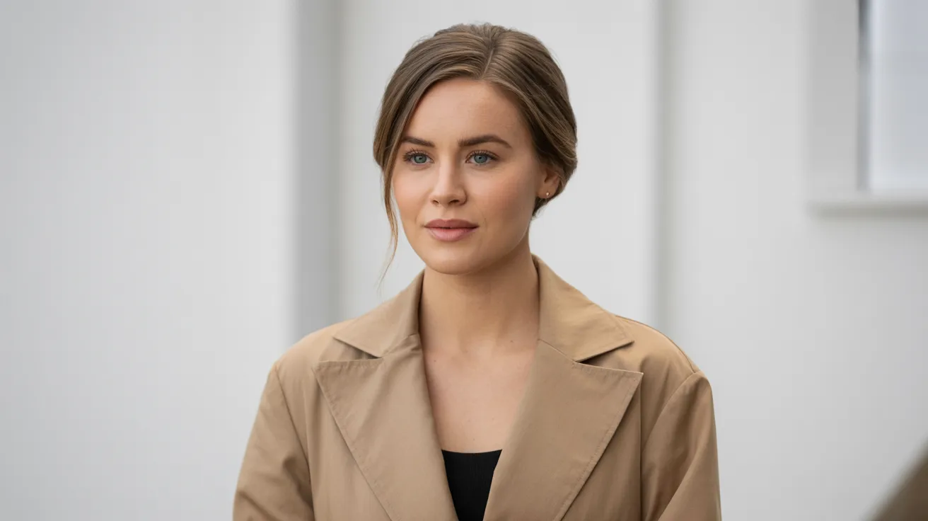 Portrait of a young woman in a business suit, smiling confidently against a neutral background.