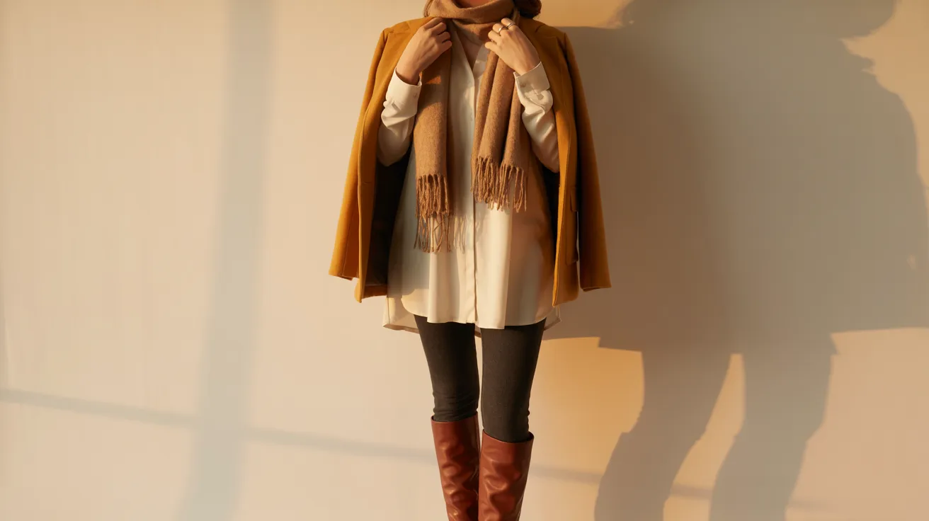 A woman dressed in a brown coat and scarf, exuding warmth and elegance in her winter outfit.