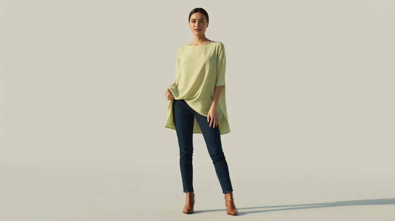 A woman wearing a green top and jeans stands confidently, smiling at the camera.