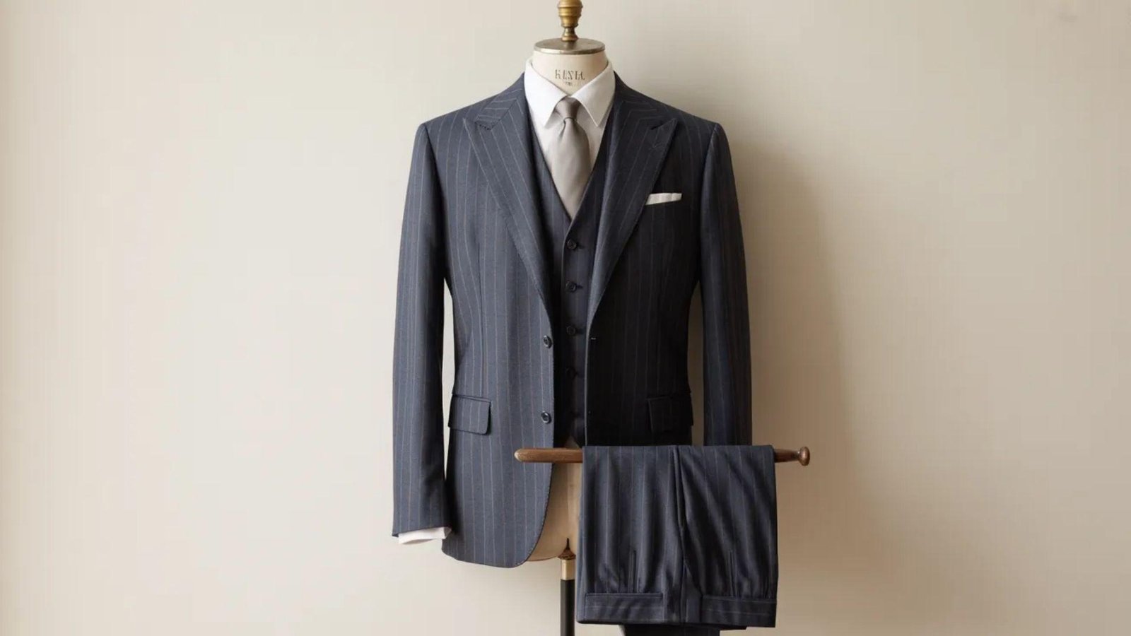 A sleek, dark gray pinstripe suit on a mannequin with a white dress shirt and tie. The matching pants draped over a stand. Elegant and formal.