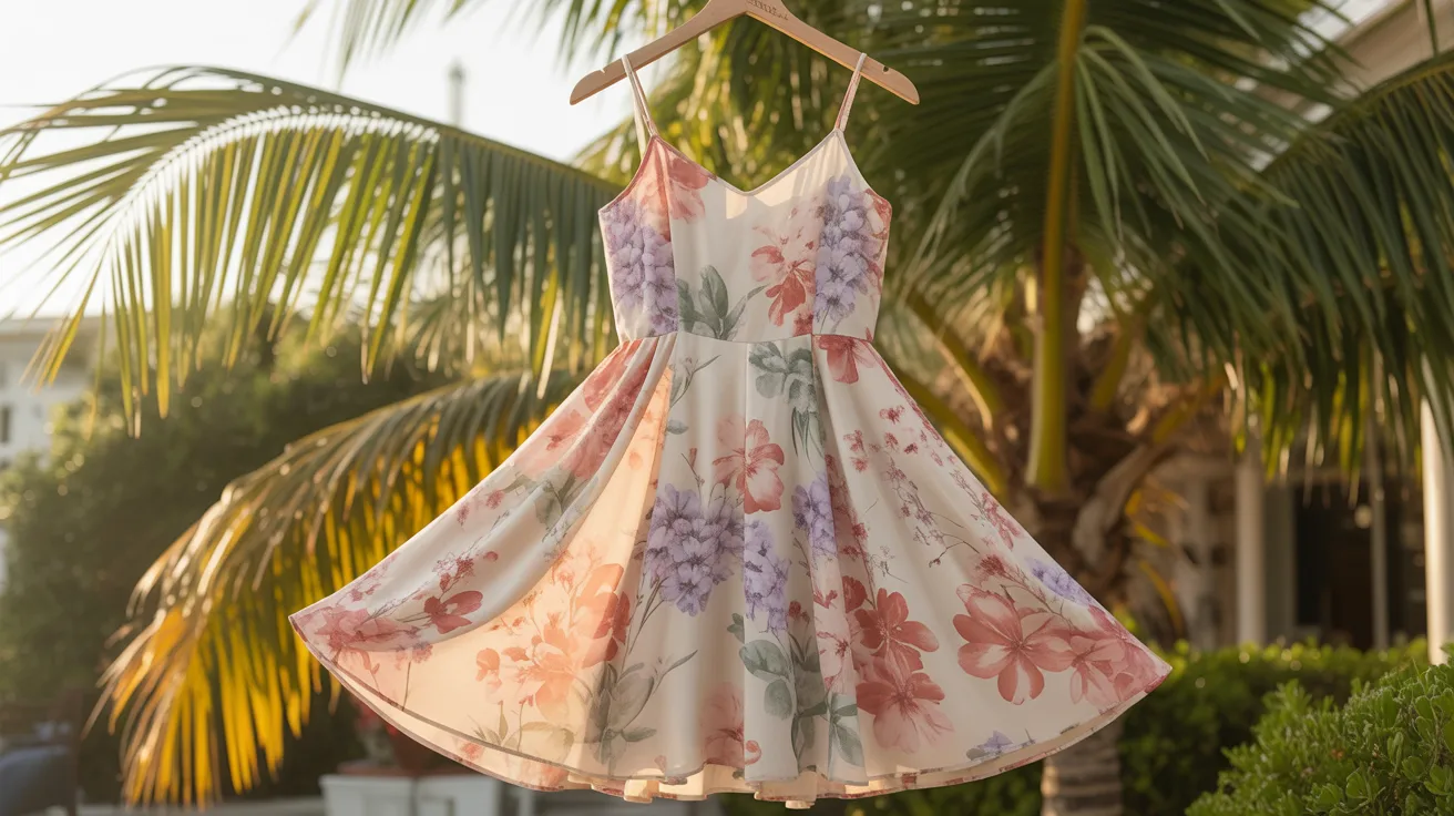 A dress on a wooden hanger with palm trees in the background, suggesting a tropical or vacation setting.