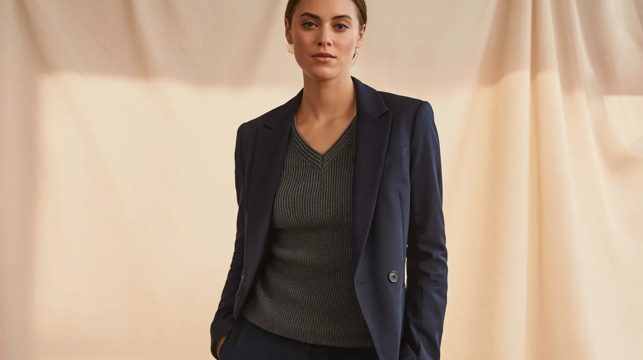 A confident woman stands against a beige curtain, wearing a navy blazer over a ribbed gray sweater. She exudes professionalism and poise.