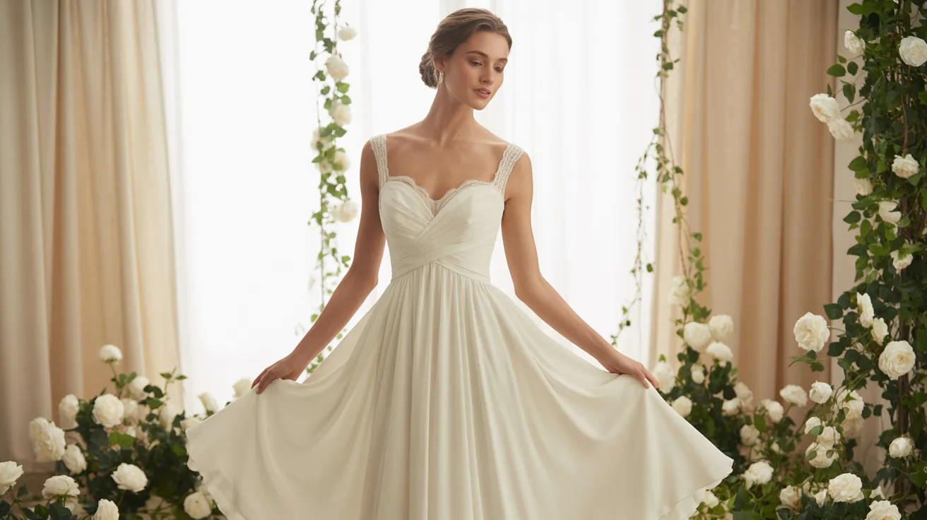 A woman in a wedding dress stands gracefully in a white rose garden, surrounded by blooming flowers.