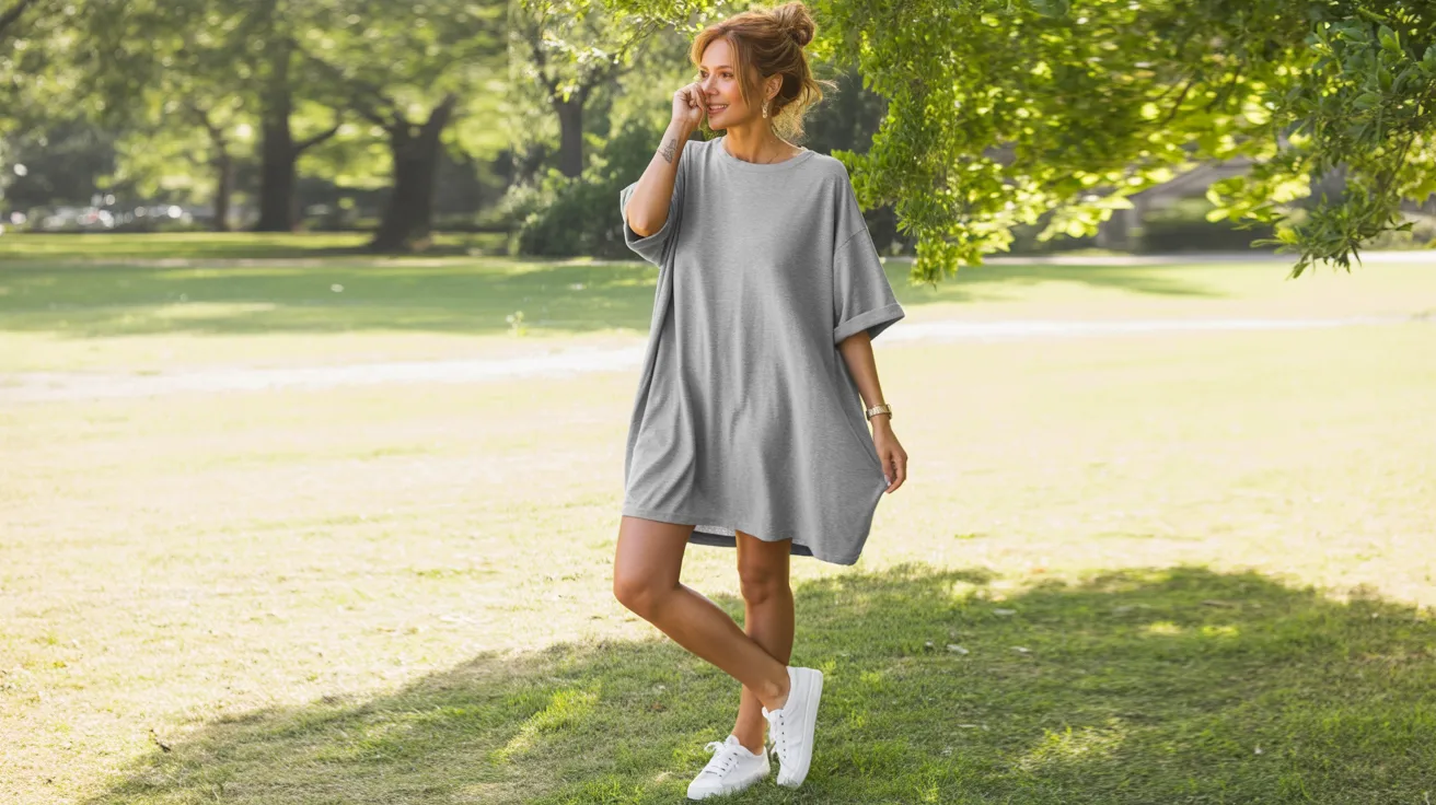 A woman wearing a gray dress and white sneakers strolls in a park, enjoying the natural surroundings.