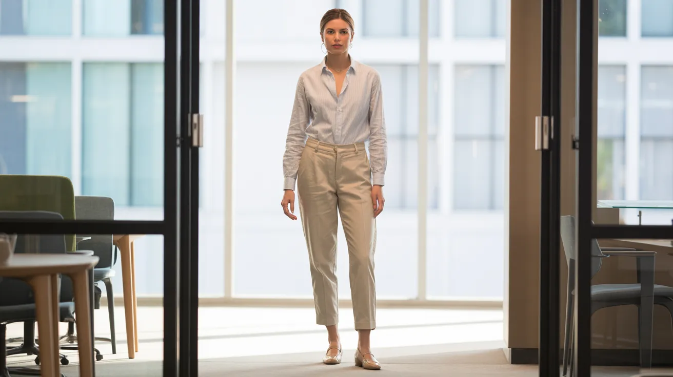 A woman in a business suit stands confidently in a modern open office space, surrounded by desks and natural light.
