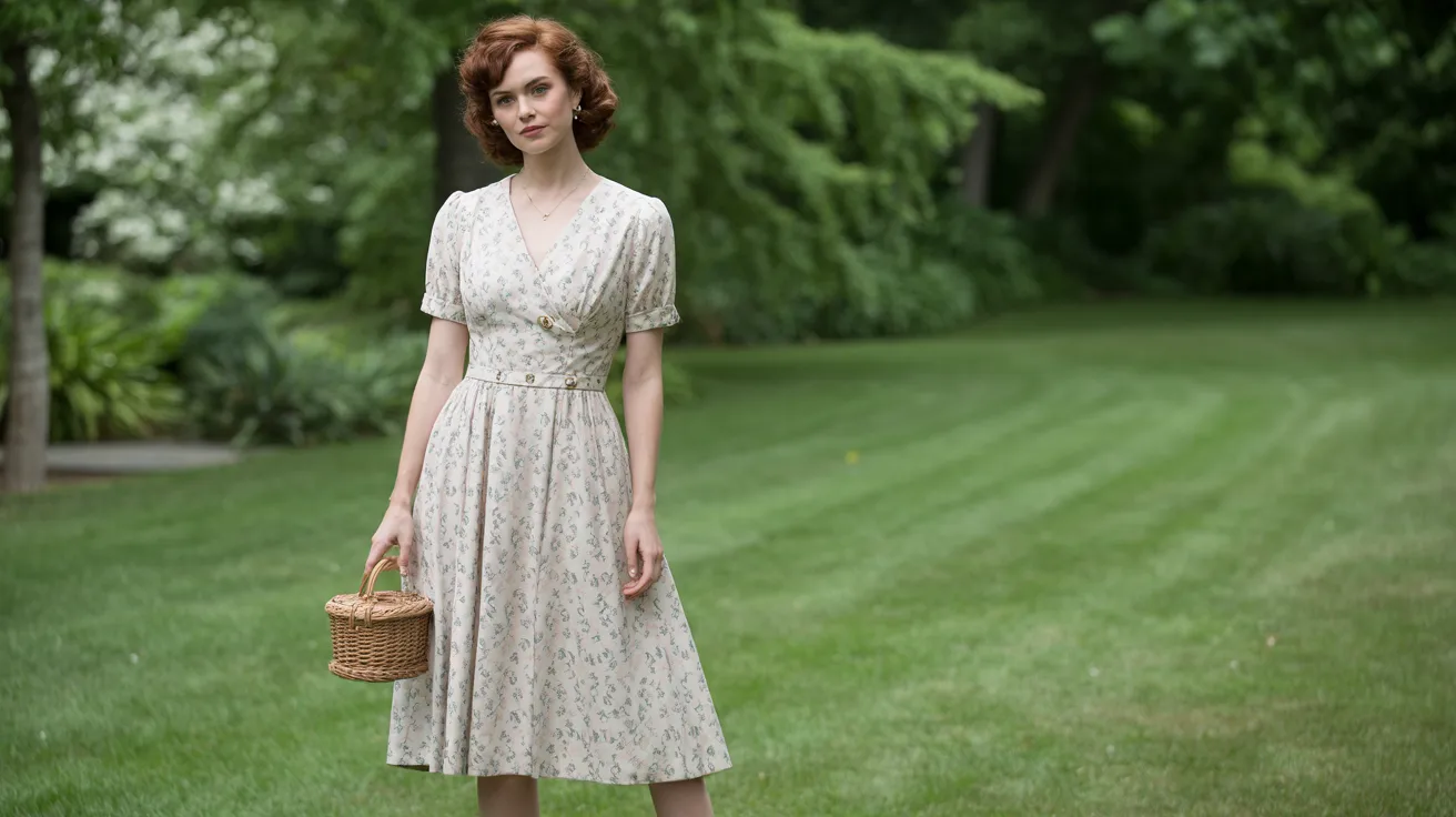 A woman in a dress stands gracefully on the grass, surrounded by a natural outdoor setting.