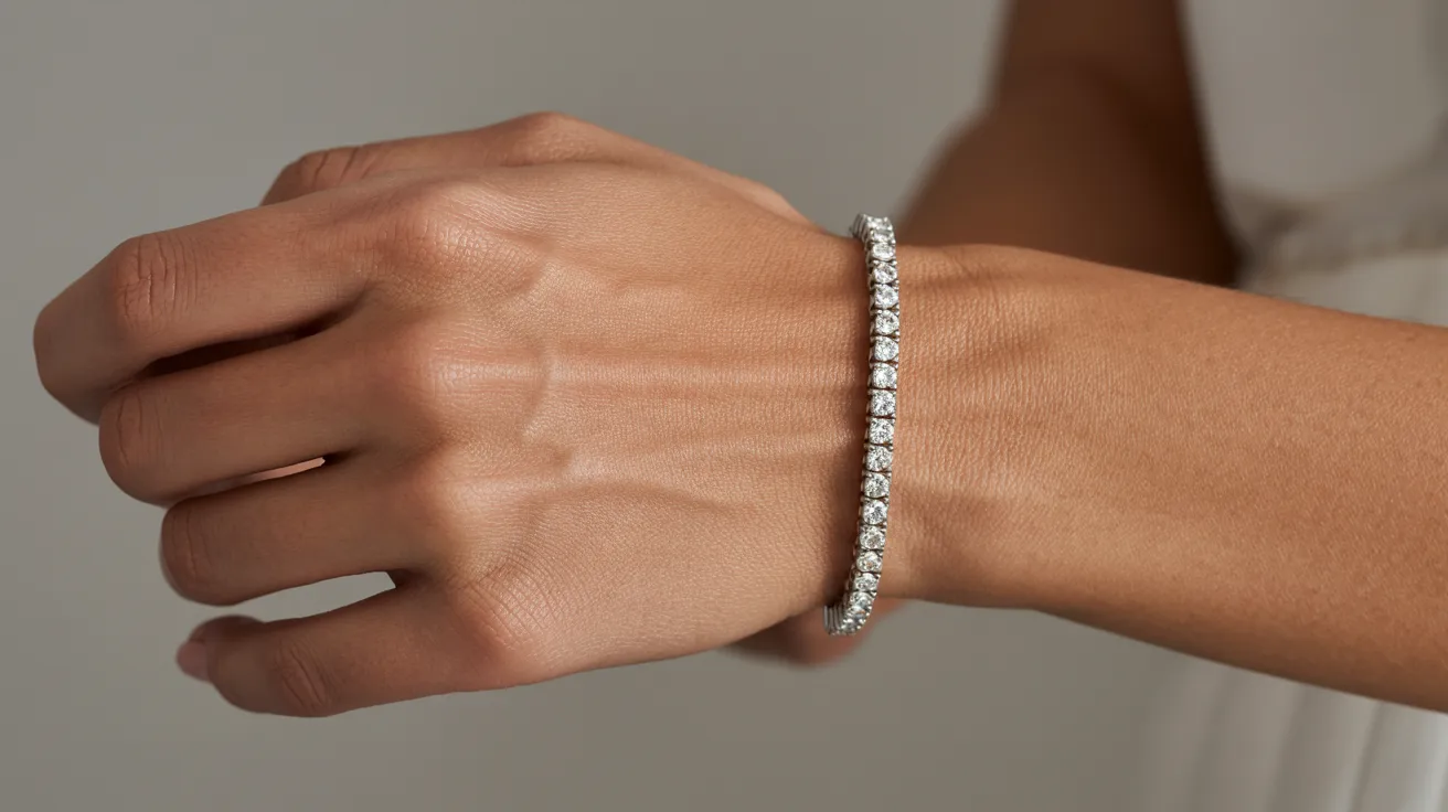 A woman's hand elegantly holds a sparkling diamond bracelet, showcasing its intricate design and brilliance.
