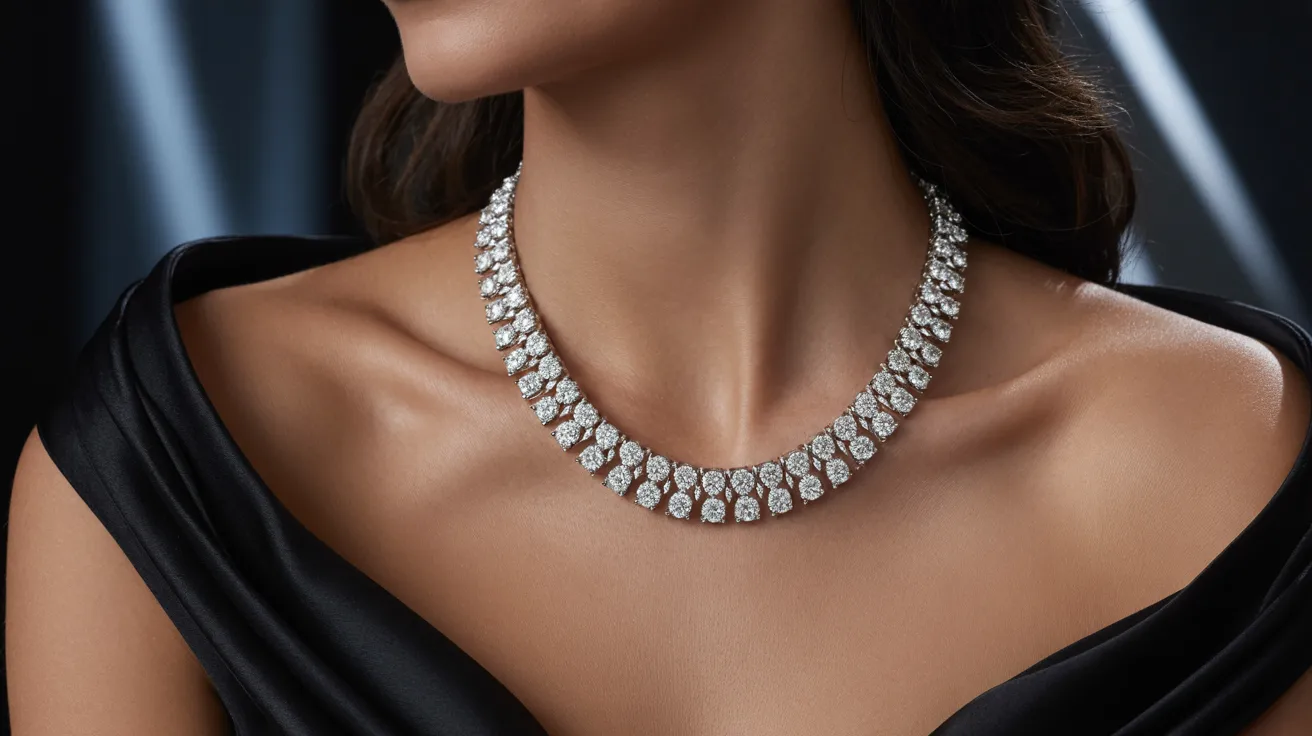 A woman elegantly adorned with a sparkling diamond necklace, showcasing her refined style and sophistication.