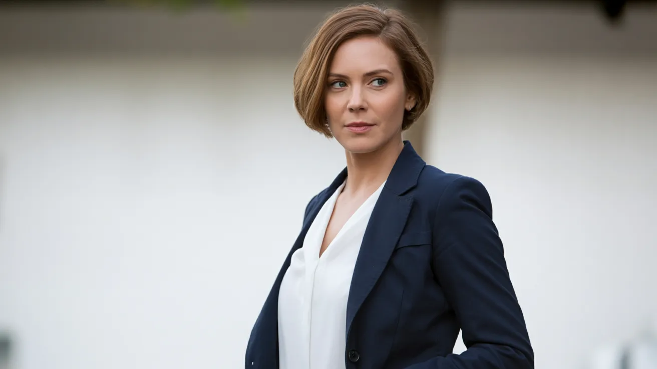 A woman dressed in a tailored suit and white shirt, representing a polished and professional appearance.