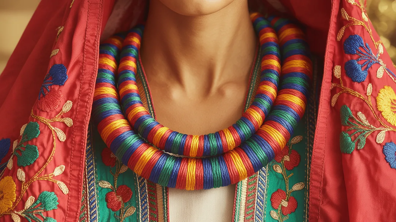 A woman adorned with a vibrant scarf and a decorative necklace, showcasing her unique style and personality.