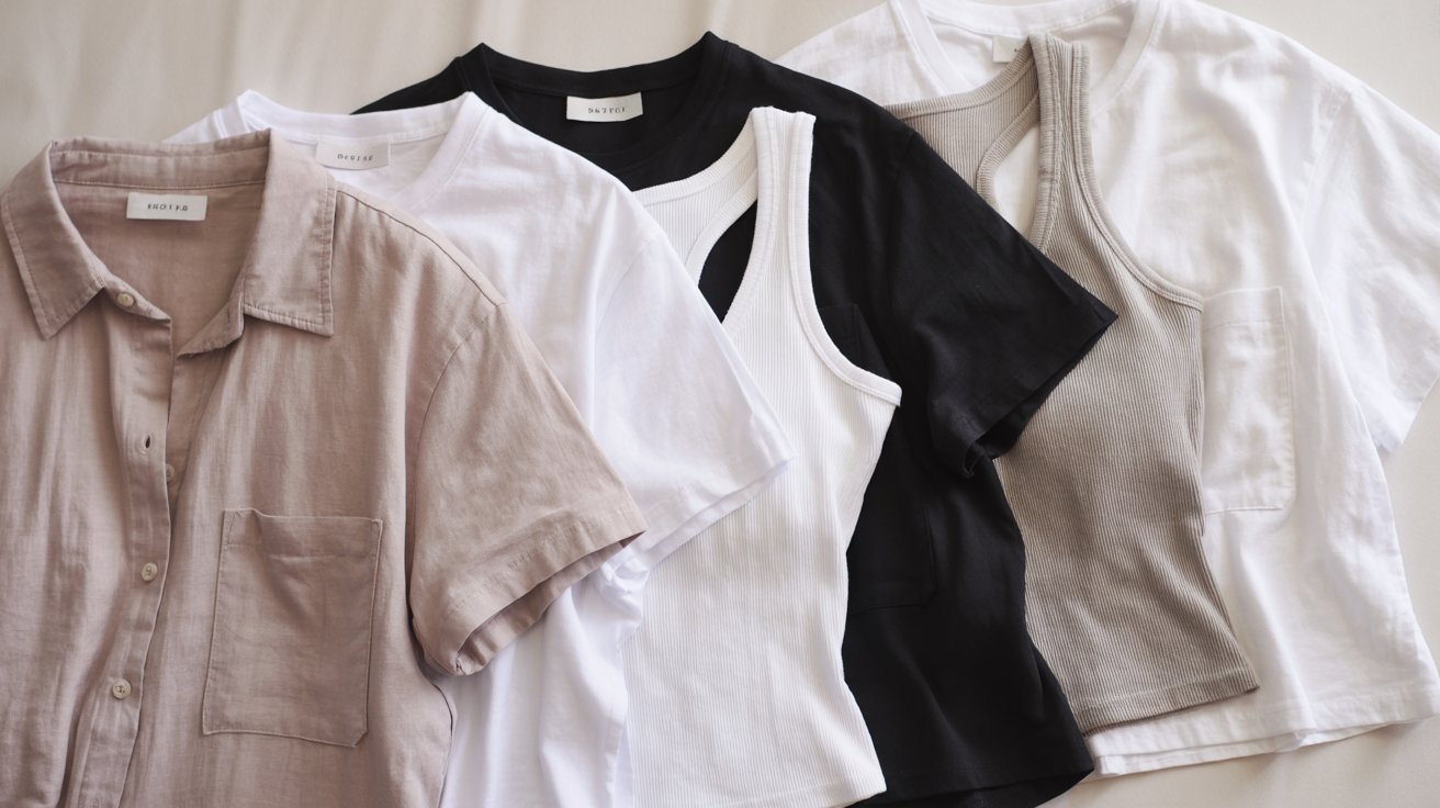 A group of five neatly arranged shirts laid out on a bed, showcasing various colors and styles.