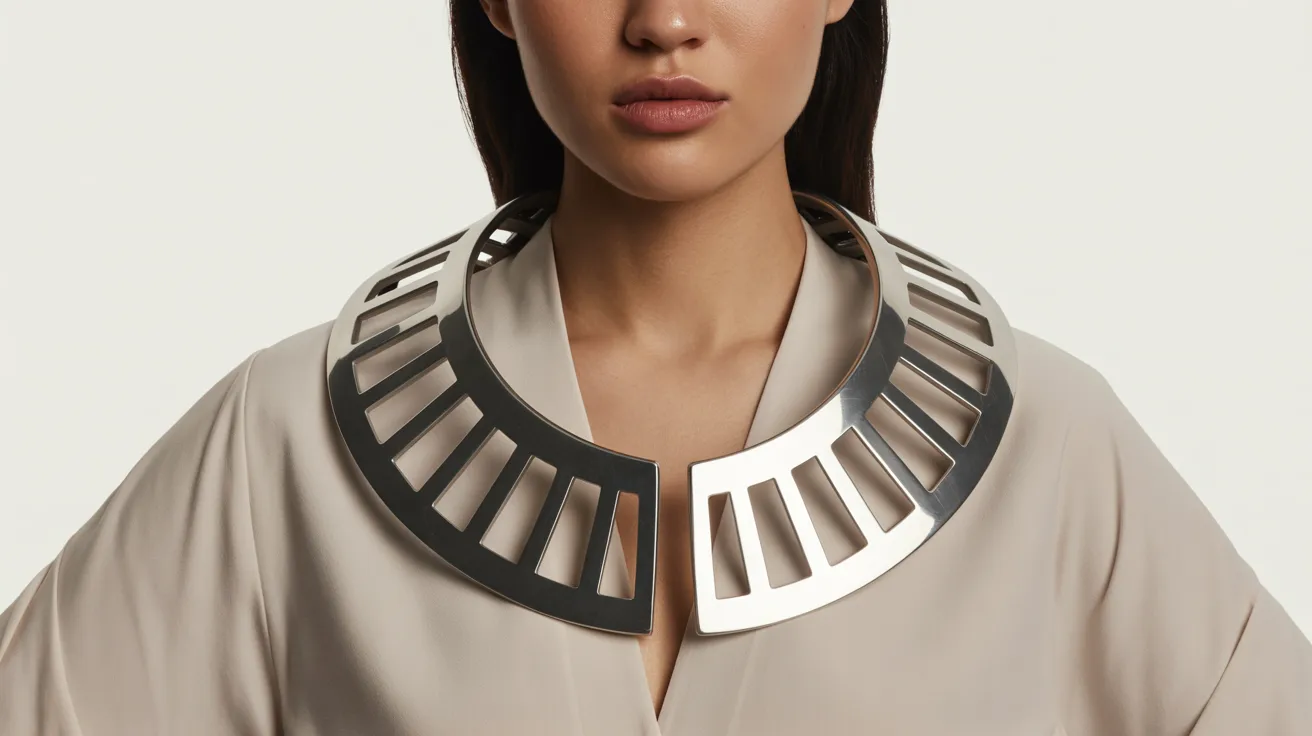 A woman models a silver collar necklace, showcasing its elegant design against her attire.