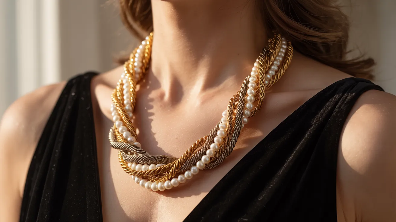 A woman models a gold and white necklace, showcasing its elegant design against her attire.