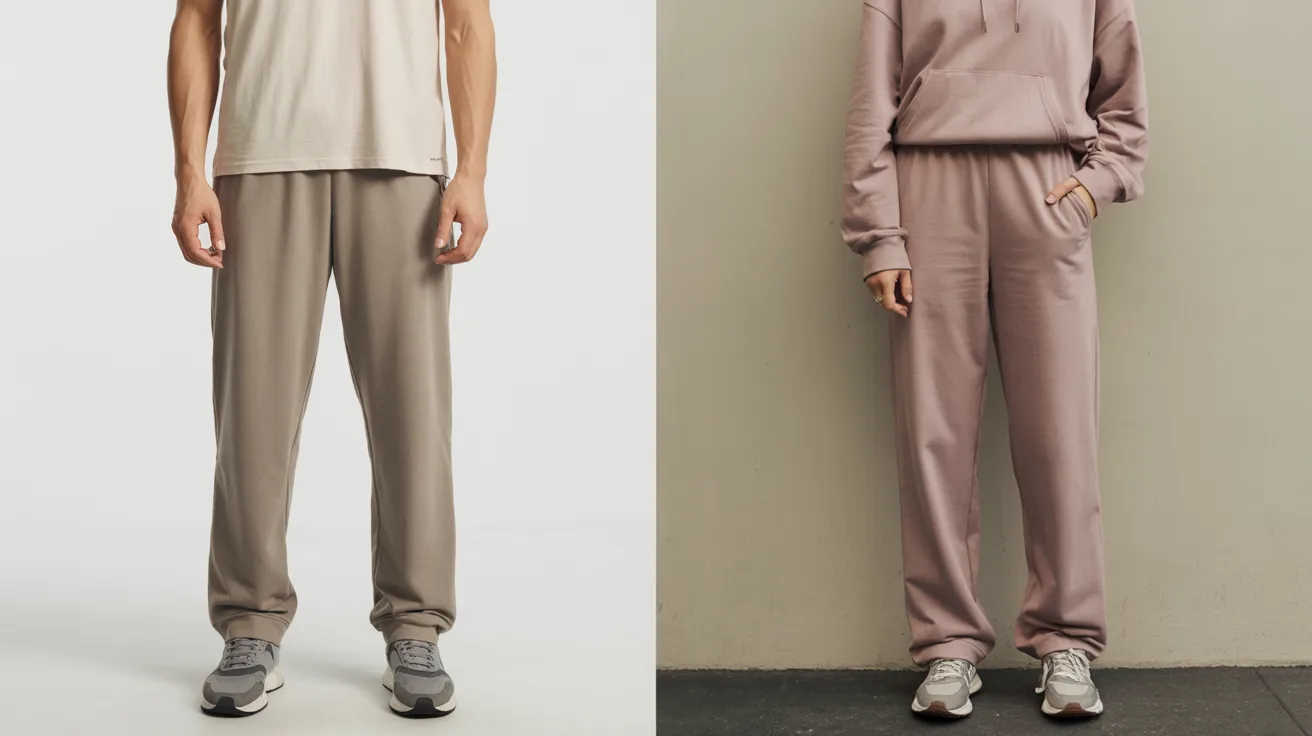 Two images feature a man and a woman, each wearing comfortable sweatpants, highlighting their casual attire.