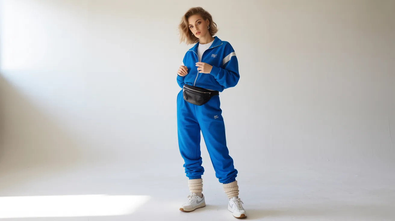  A woman wearing a blue track suit and white sneakers stands confidently, showcasing a sporty and active look.