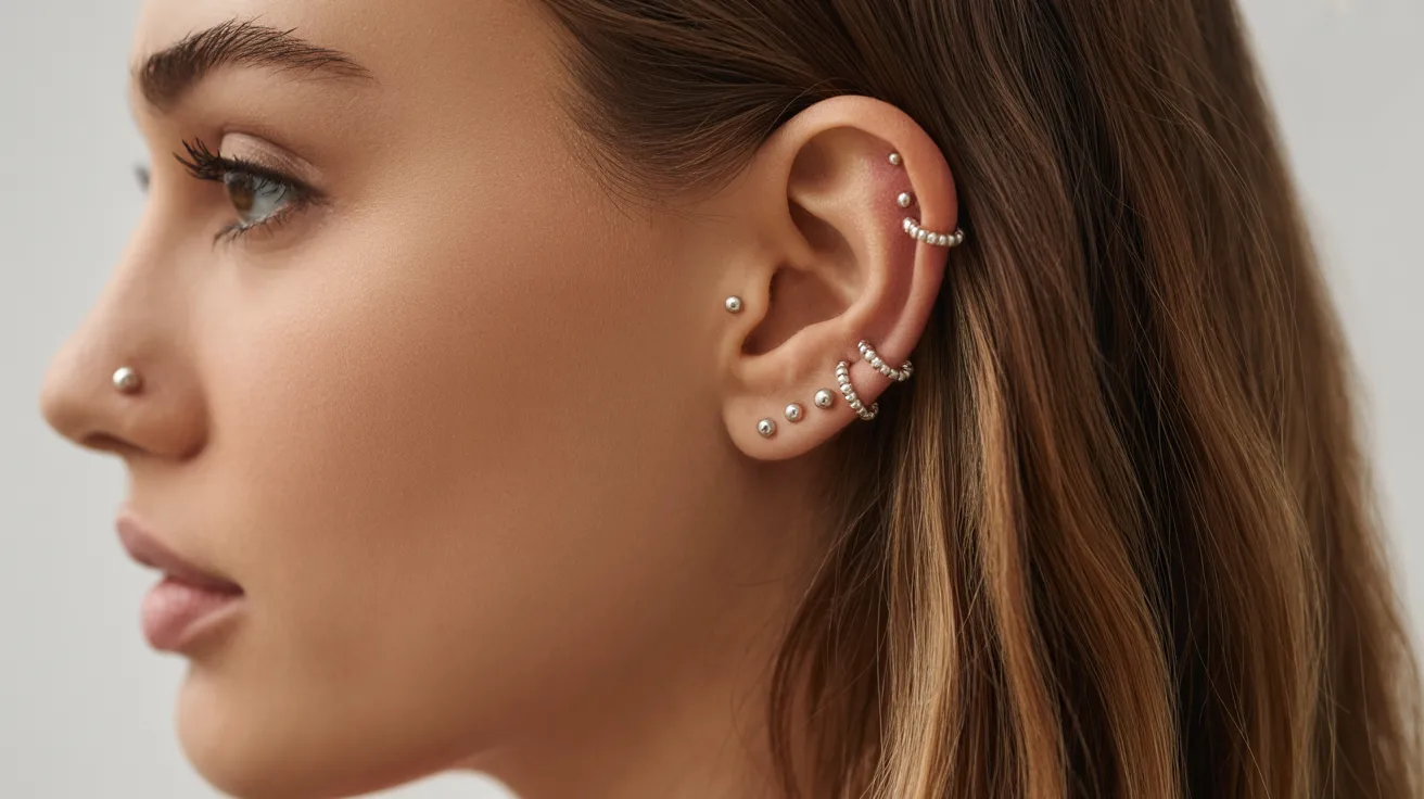A woman with multiple ear piercings is wearing stylish earrings that complement her look.
