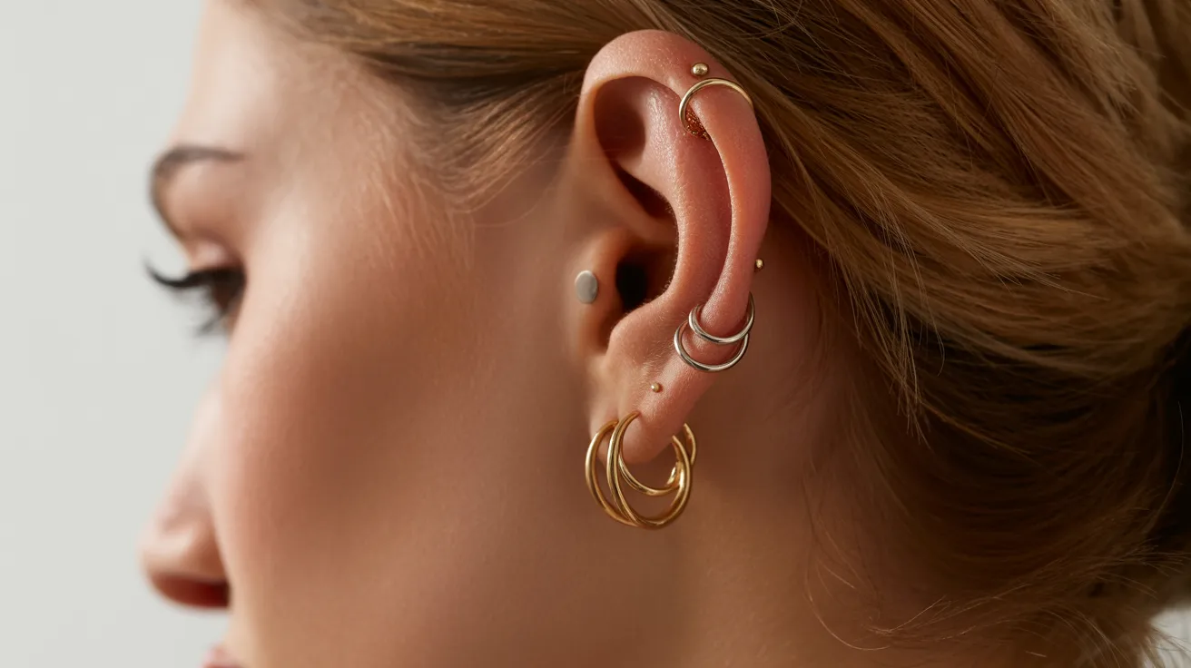 A woman with multiple ear piercings, prominently featuring a large gold hoop earring.