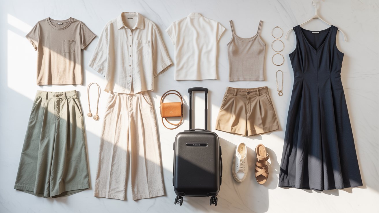A suitcase with neatly arranged clothes and accessories displayed on a white surface.