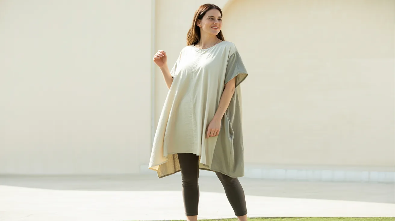A woman in a white dress and black leggings stands, blending comfort and style in her outfit.
