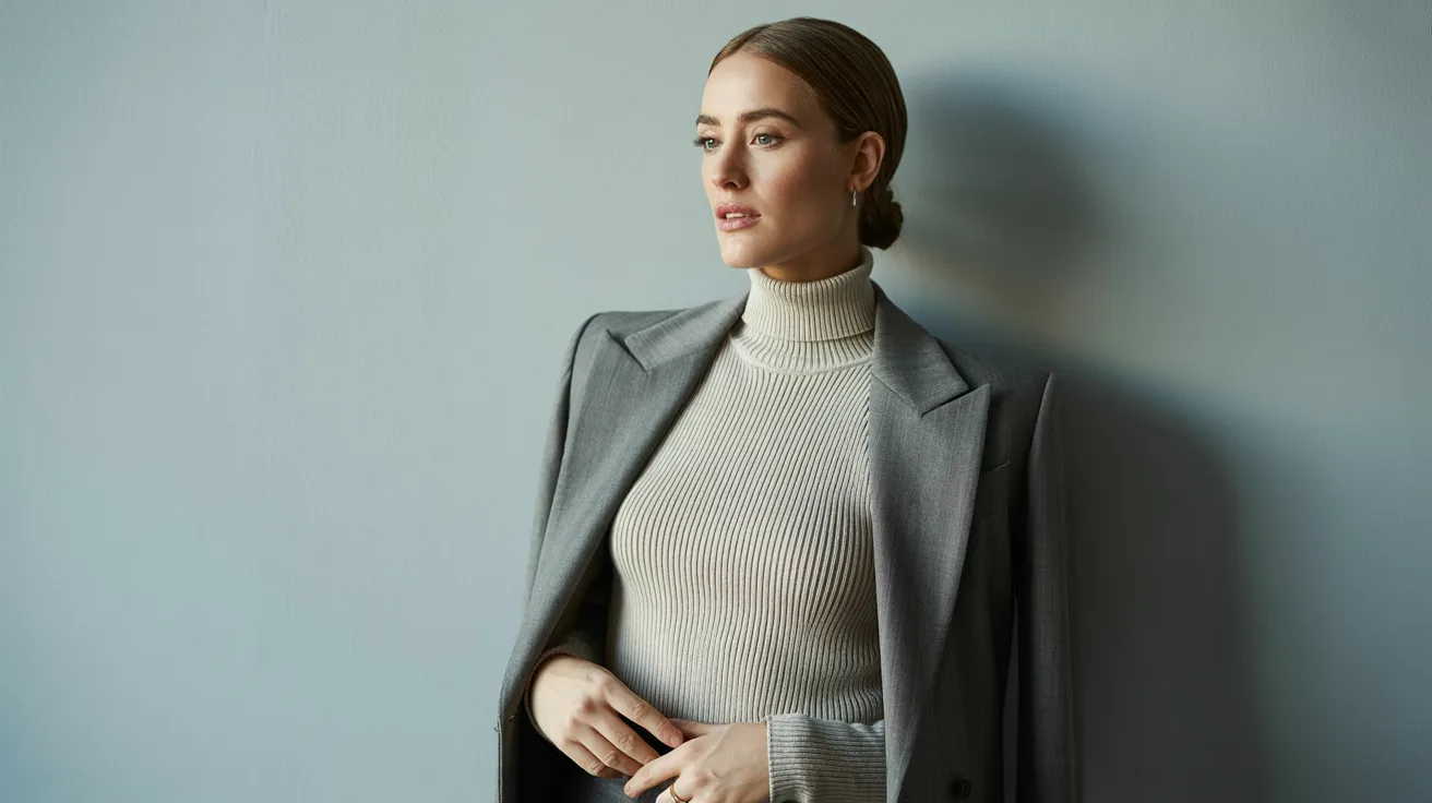 A woman stands against a soft gray background, wearing a gray blazer over a ribbed turtleneck. She gazes thoughtfully to the side, exuding confidence.