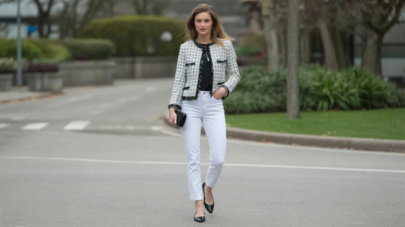A woman wearing white pants and a jacket walks casually down the sidewalk.