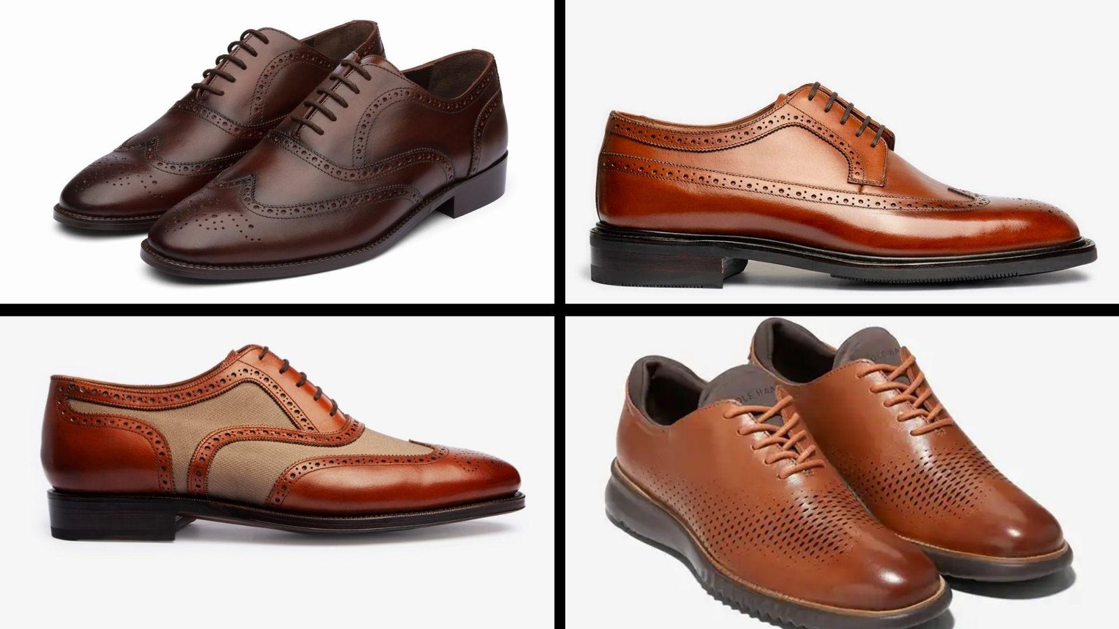 A collage of four pairs of men's dress shoes in shades of brown. Styles include classic brogues, wingtips, and perforated designs, showcasing elegance and sophistication.